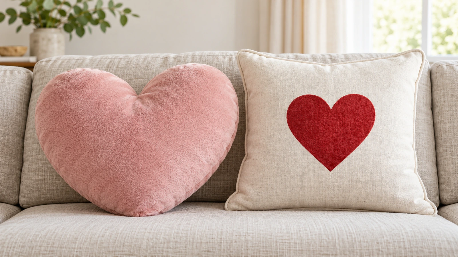 A plush die-cut heart shaped pillow beside a square throw pillow printed with a heart motif on a neutral linen sofa