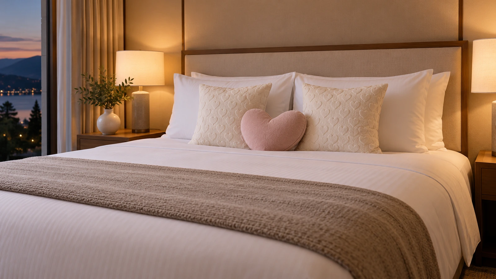 Hotel suite bed styled with white sleeping pillows, two square throws with a subtle heart pattern and one small die-cut heart accent in the center