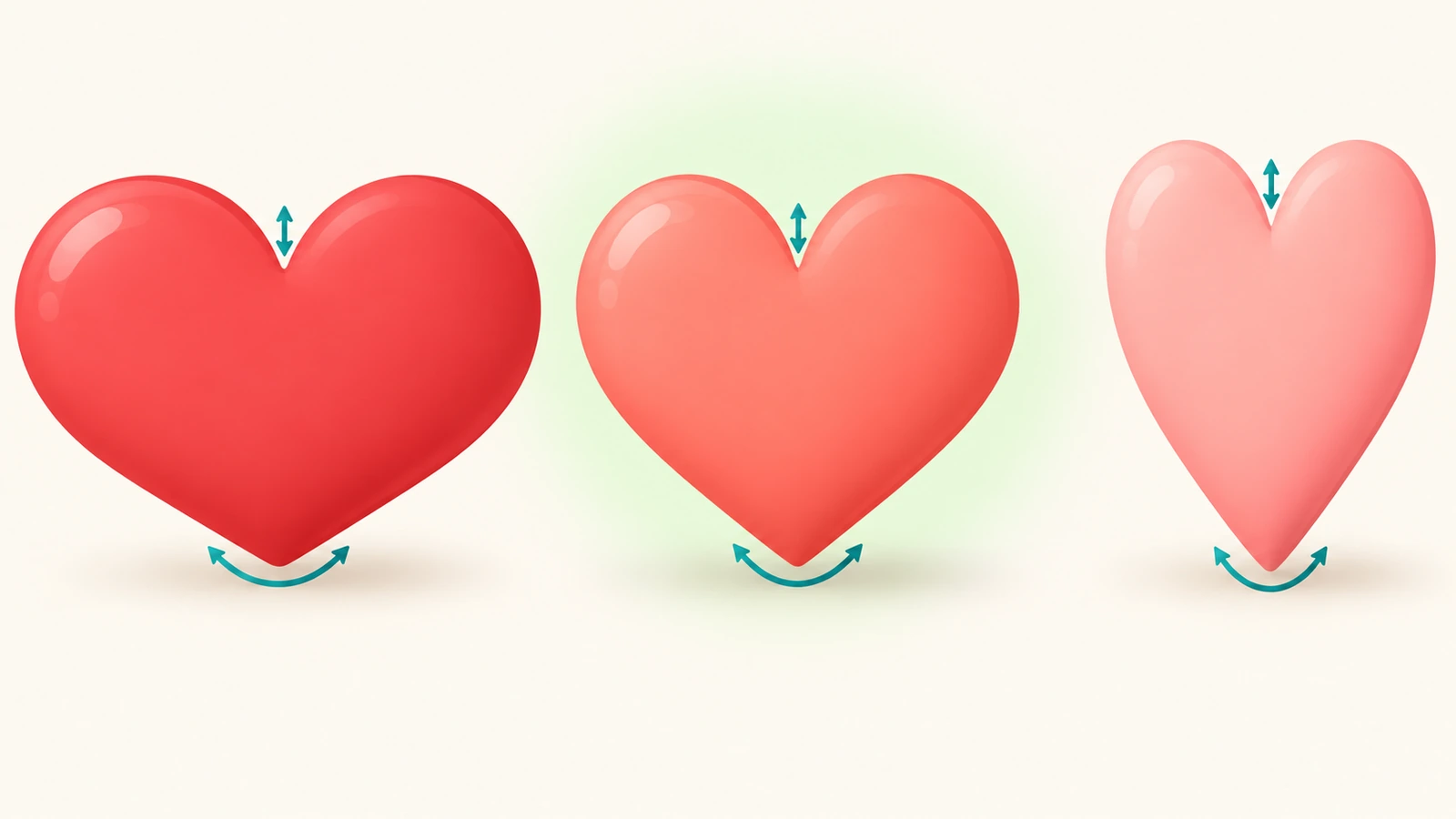 Flat illustration comparing three heart silhouettes: a wide plush heart, a balanced heart and a tall narrow heart, with arrows showing cleft depth and point radius