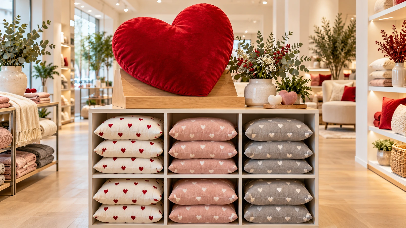 Retail endcap with one oversized red heart pillow on a tilted riser above neat stacks of square throws printed with small heart patterns