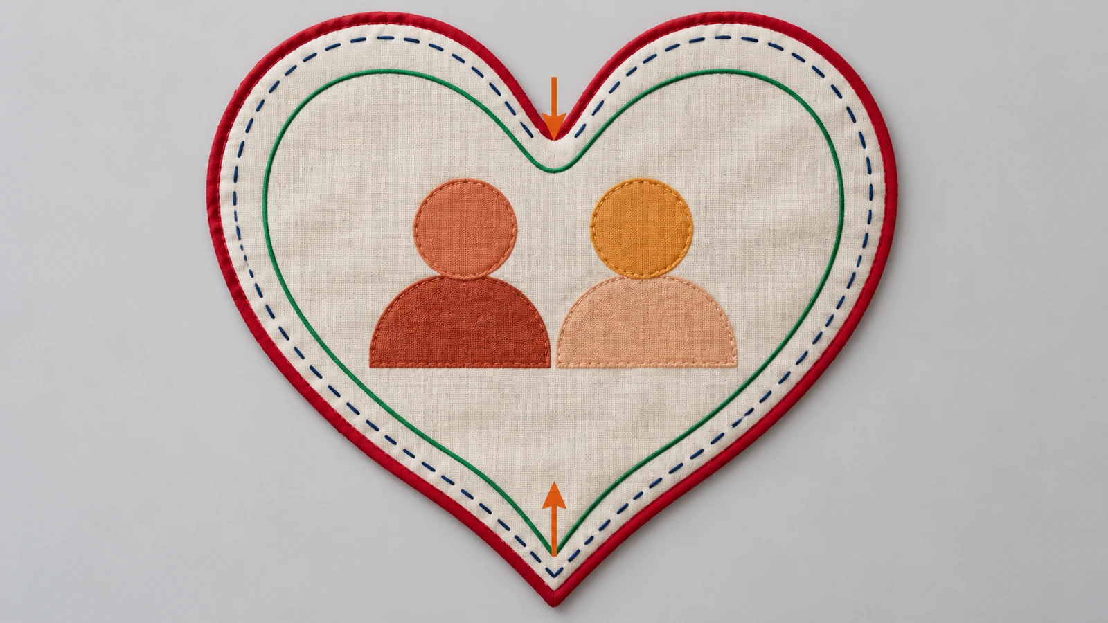 Flat heart pillow panel showing a solid outer cut line, a dashed seam line and an inner safe zone that pulls further inward at the cleft and the point