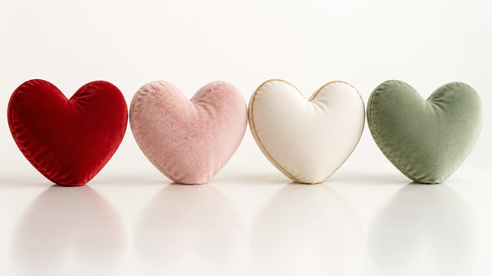 Four die-cut heart pillows sharing one silhouette in a row of seasonal palettes: deep red, blush pink, ivory with gold and soft sage