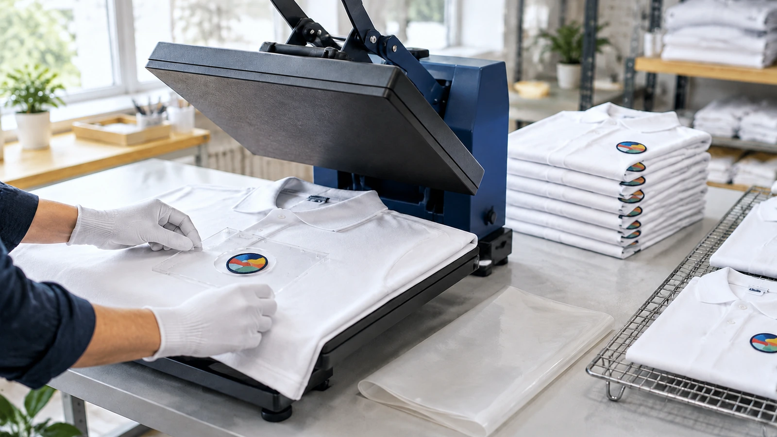 Clam-shell heat press with a cotton polo and patch aligned on a placement jig, cover sheet beside it and stacked finished garments