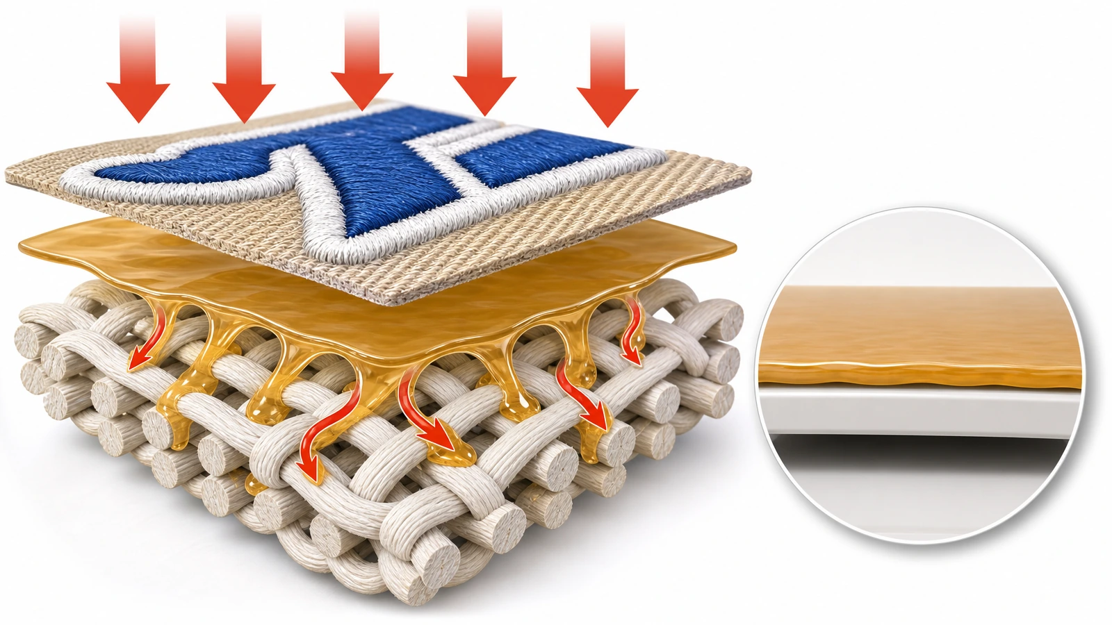 Cross-section diagram showing heat-seal adhesive melting into the weave of a cotton garment beneath an embroidered patch