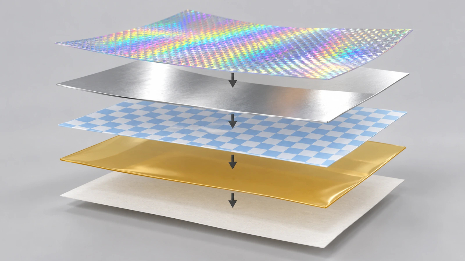 Exploded cross-section of a hologram security sticker showing embossed film, metal layer, patterned release coating, adhesive and liner