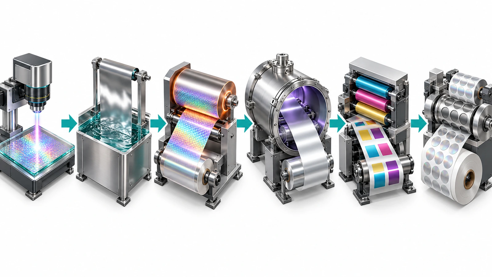 Production flow of hologram stickers printing from optical master to nickel shim, embossing roll, metallizing chamber, printing press and die-cut labels