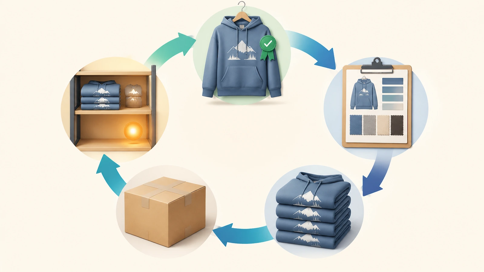 Reorder loop for a hoodie brand: approved reference sample, locked spec, production run, shipment and restock trigger