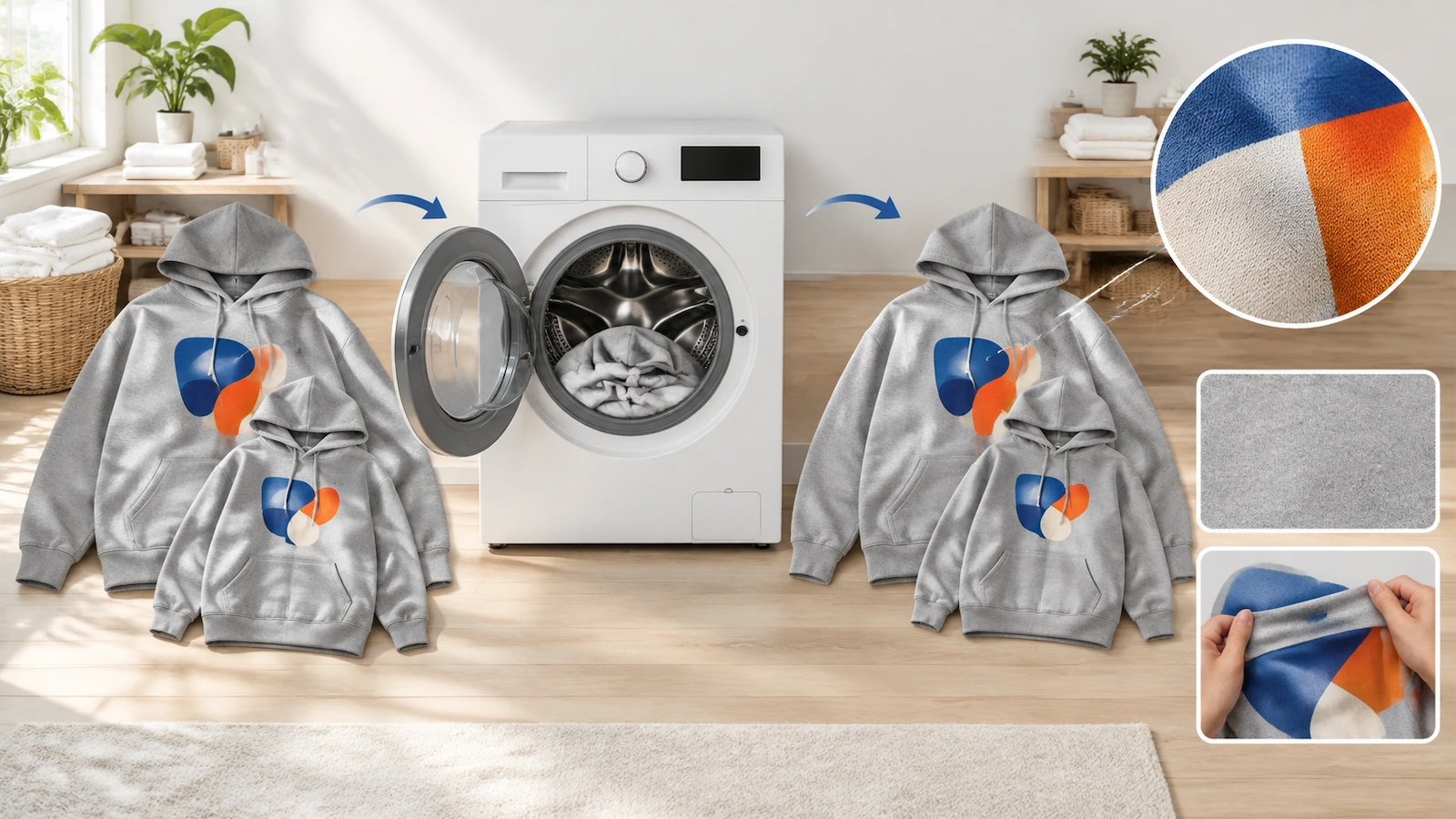 Sample hoodies in small and large sizes compared before and after a wash test to check shrinkage and print cracking