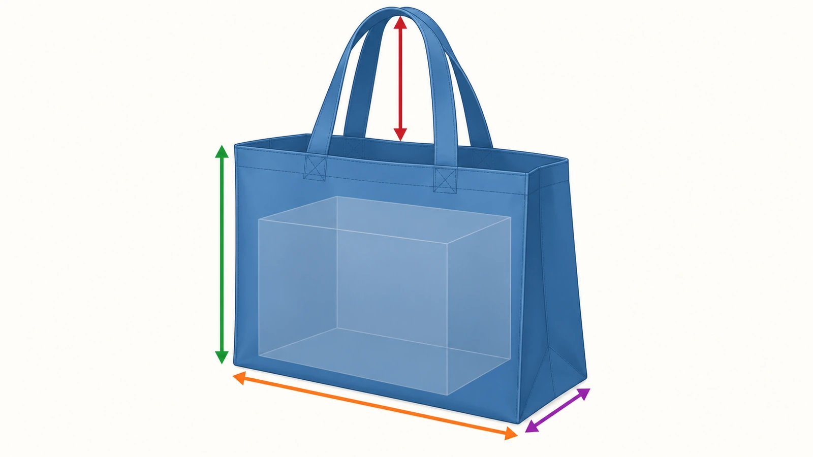 Diagram of a large reusable shopping bag with colored arrows marking width, height, gusset depth and handle drop