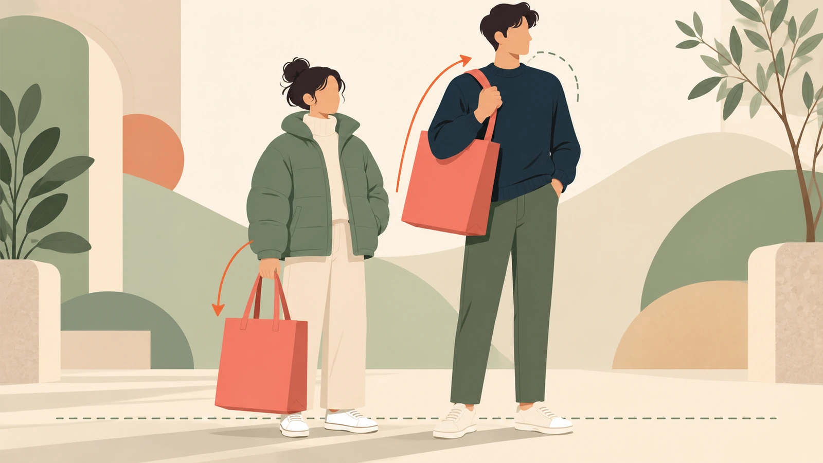 Two people of different heights carrying the same oversized reusable bag, one by hand and one on the shoulder
