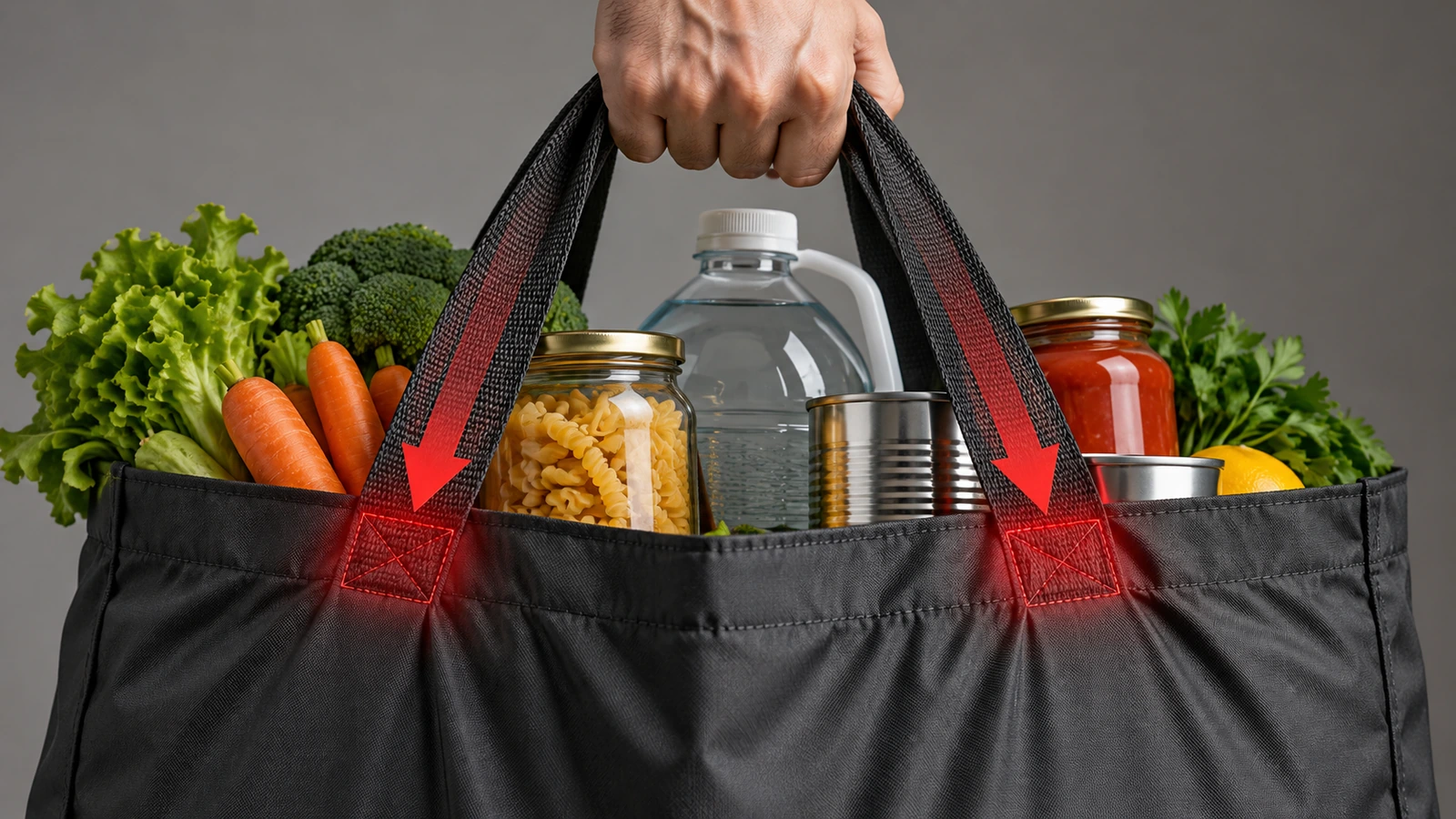 Large nylon shopping bag filled with heavy groceries, with arrows showing stress concentrating where the handles join the bag body