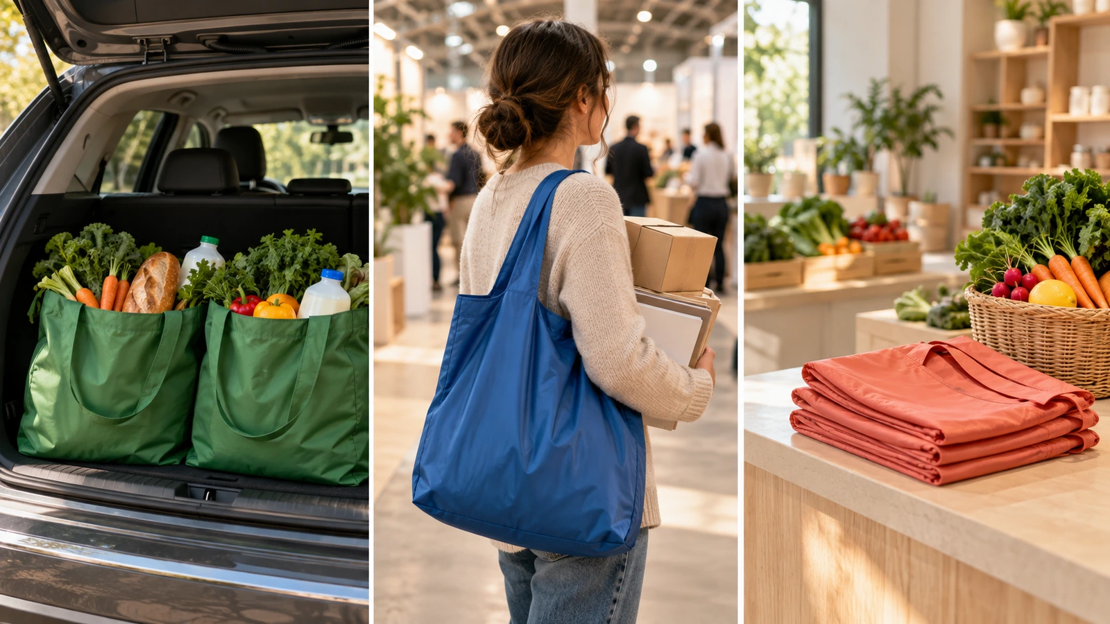 Three scenes showing oversized reusable bags used for a bulk grocery run, a trade-show giveaway haul and a retail store program