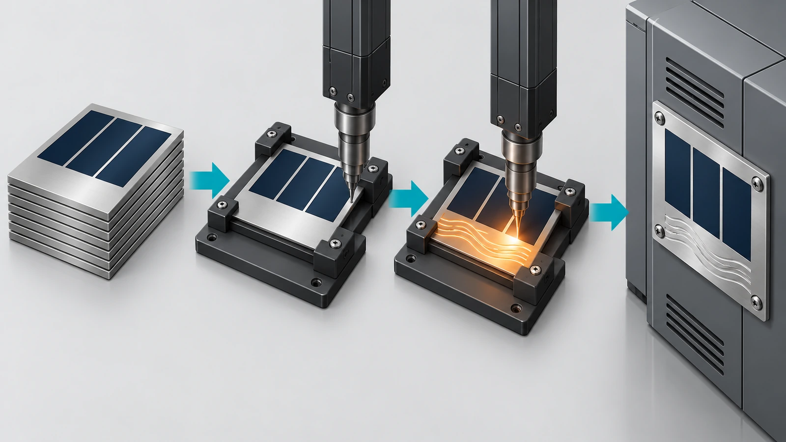 Workflow diagram: pre-etched stainless blanks arrive, enter a fixture, receive scribed variable data, then mount on equipment