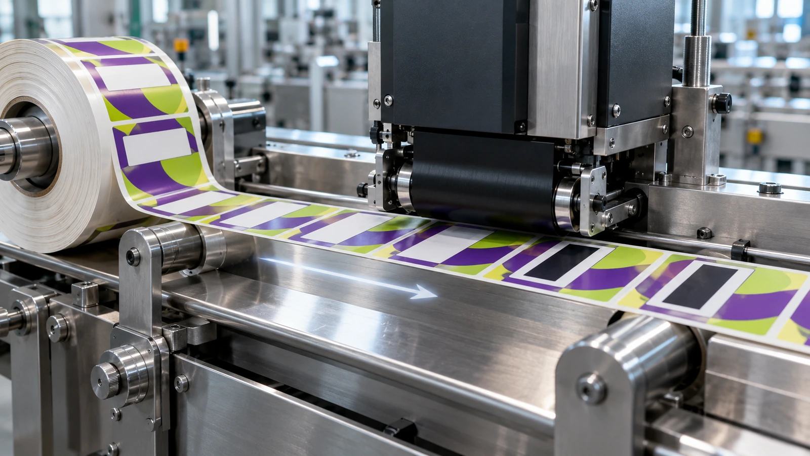 A full-color pre-printed label roll unwinding beneath a thermal-transfer printhead that adds a dark coded band into a reserved blank window on each label