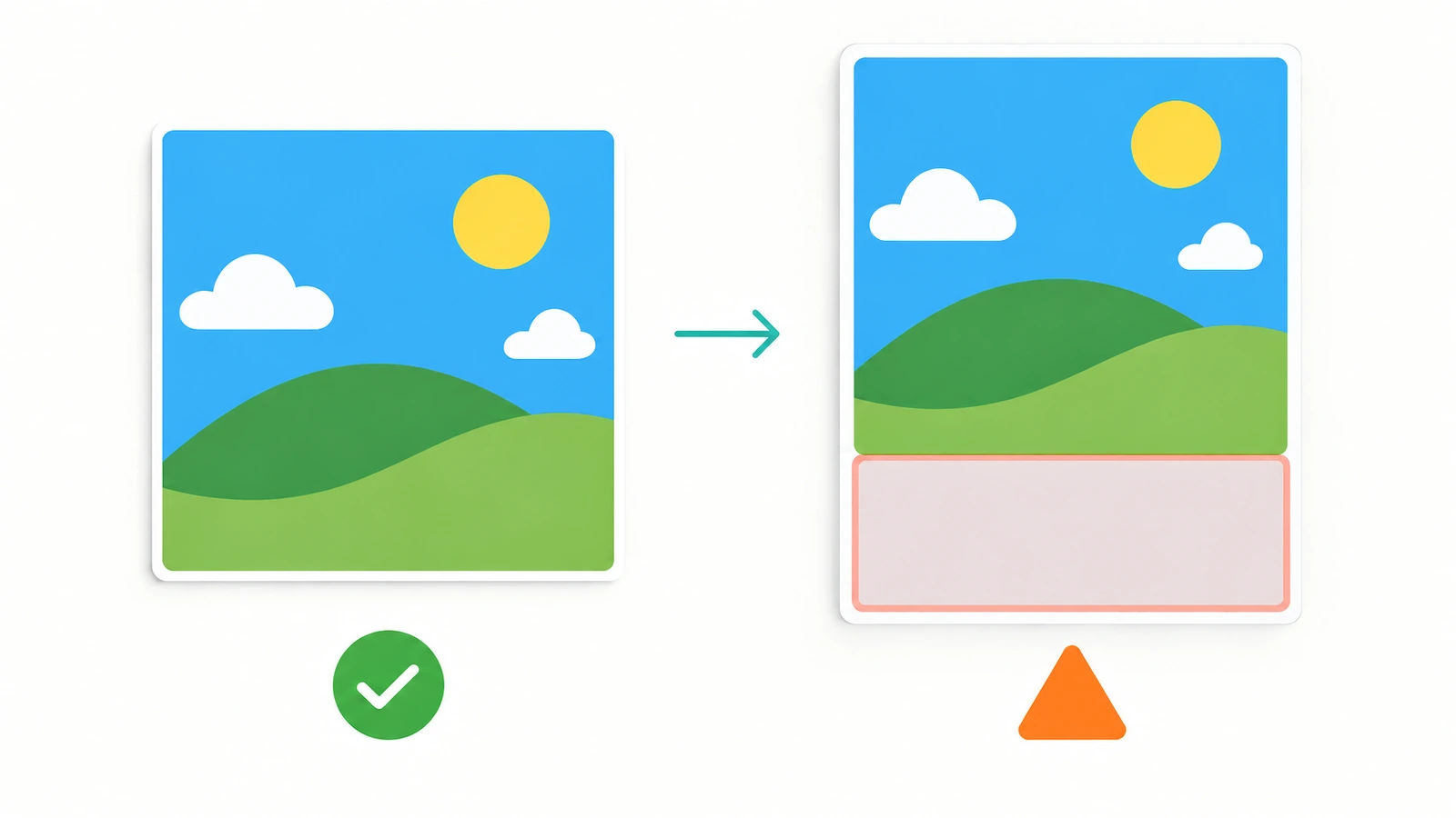 Diagram showing a square photo filling a square page completely while the same photo on a portrait page leaves an empty band