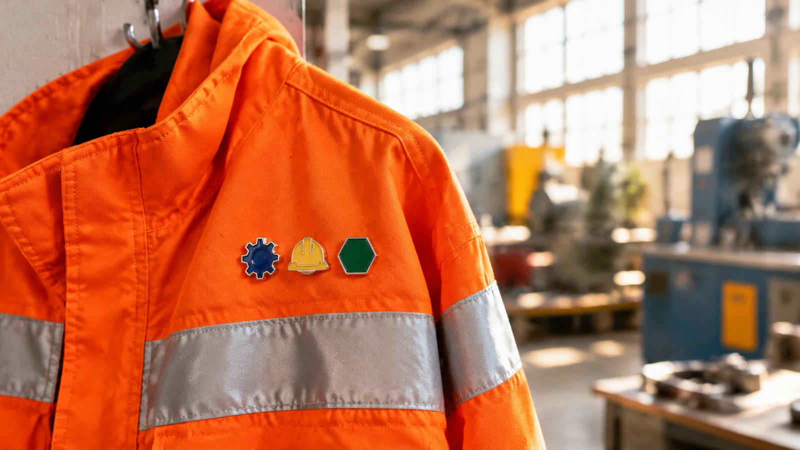 Blank geometric enamel pins on a high-visibility work jacket hanging in a bright industrial workshop
