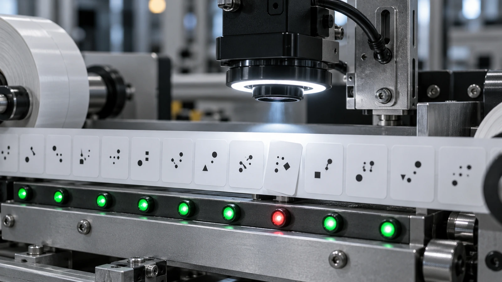 Inline camera inspecting a moving web of labels, with green indicator lights for passed labels and a red light marking one rejected label