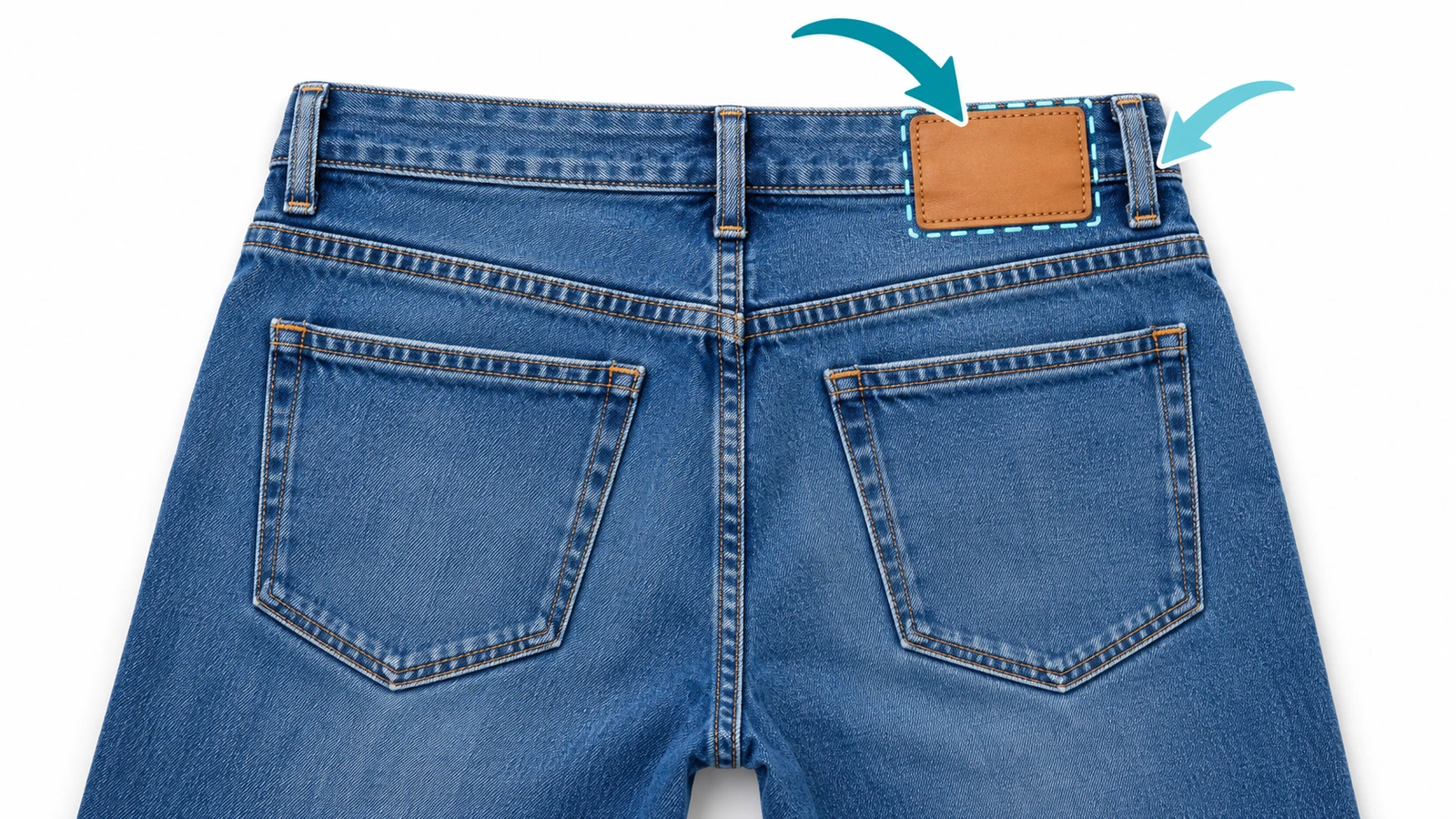 Back view of jeans with a leather patch on the right rear waistband, arrows showing the sewing sequence before belt loops are bar-tacked