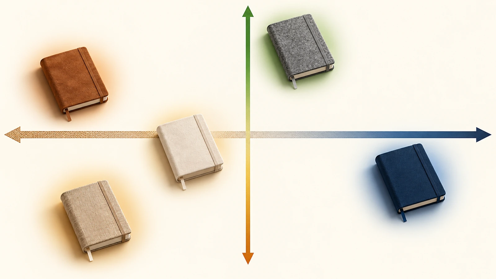 Brand positioning map placing five journal cover fabrics along tactile-to-durable and classic-to-sustainable directions