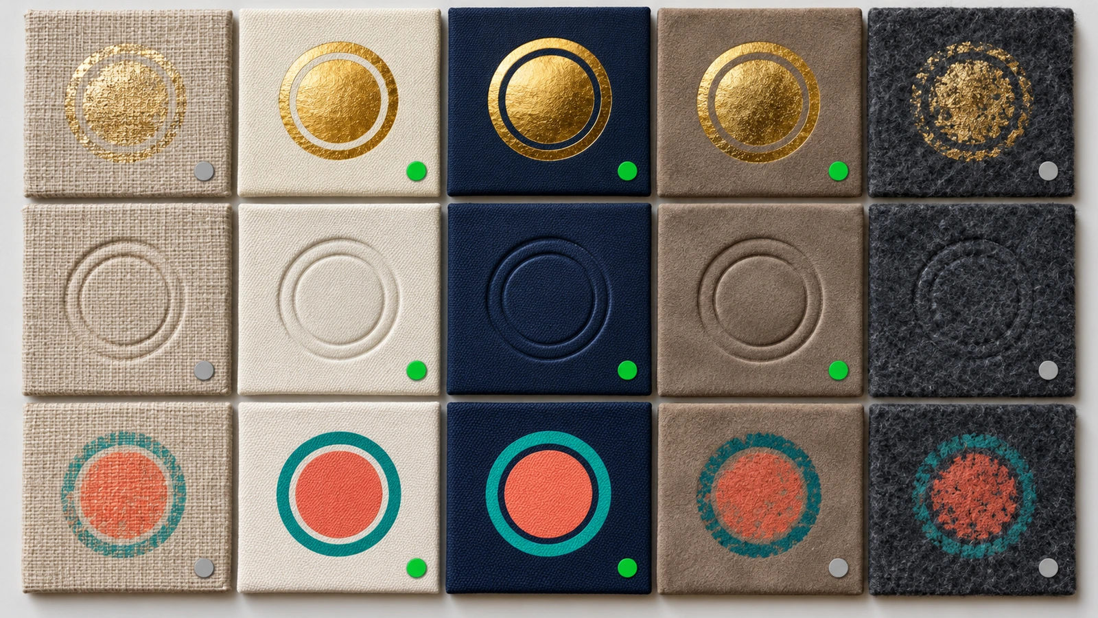 Foil, deboss and screen-print marks applied to five journal fabrics, showing which surfaces hold crisp edges