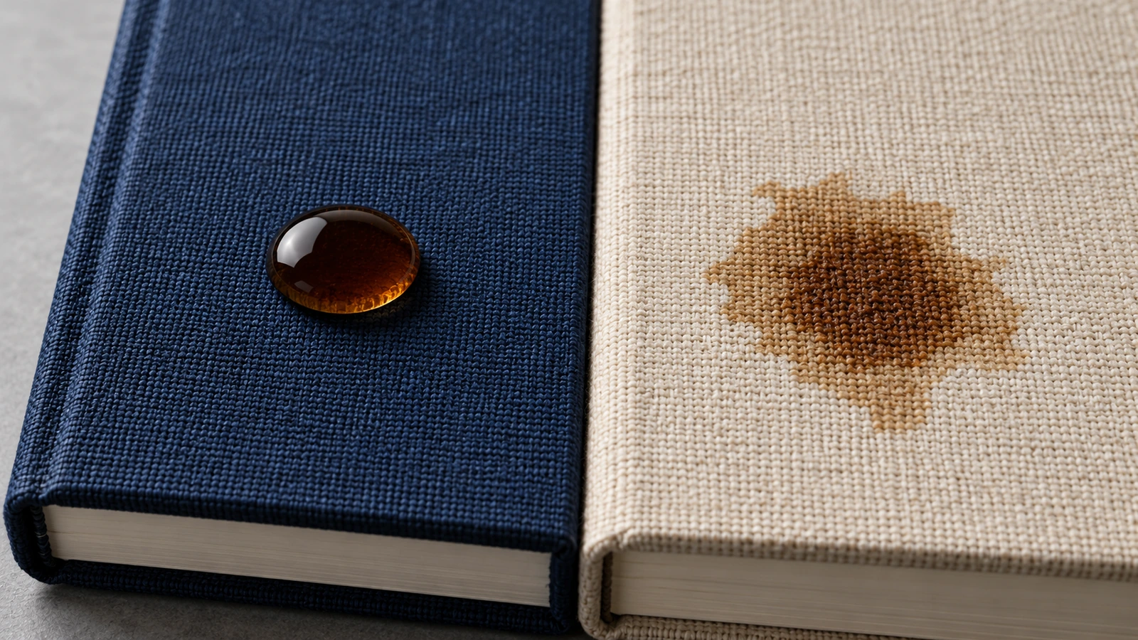 Water droplet beading on coated bookcloth compared with a droplet soaking into uncoated linen