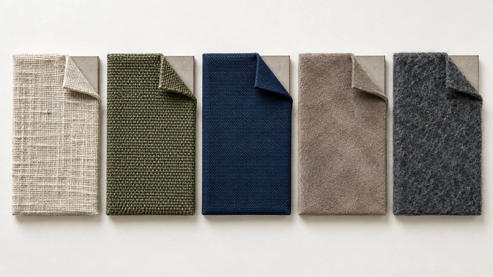 Five journal cover fabrics side by side: natural linen, cotton canvas, coated bookcloth, faux suede and recycled PET felt, showing their weave textures