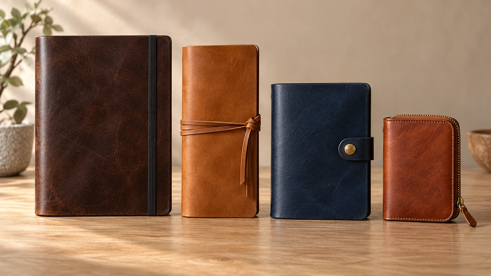 Four leather journals in descending sizes from A5 to passport format, each closed with a different closure: elastic, wrap cord, snap and zipper