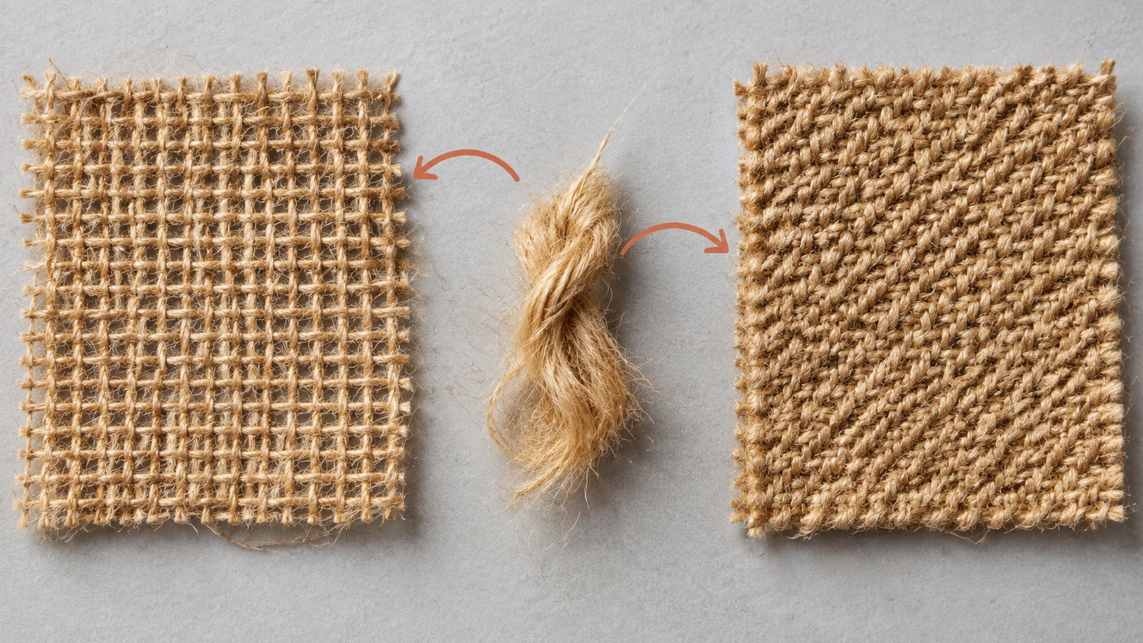 Close-up comparison of open plain-weave hessian beside dense twill jute sacking used for commodity sacks