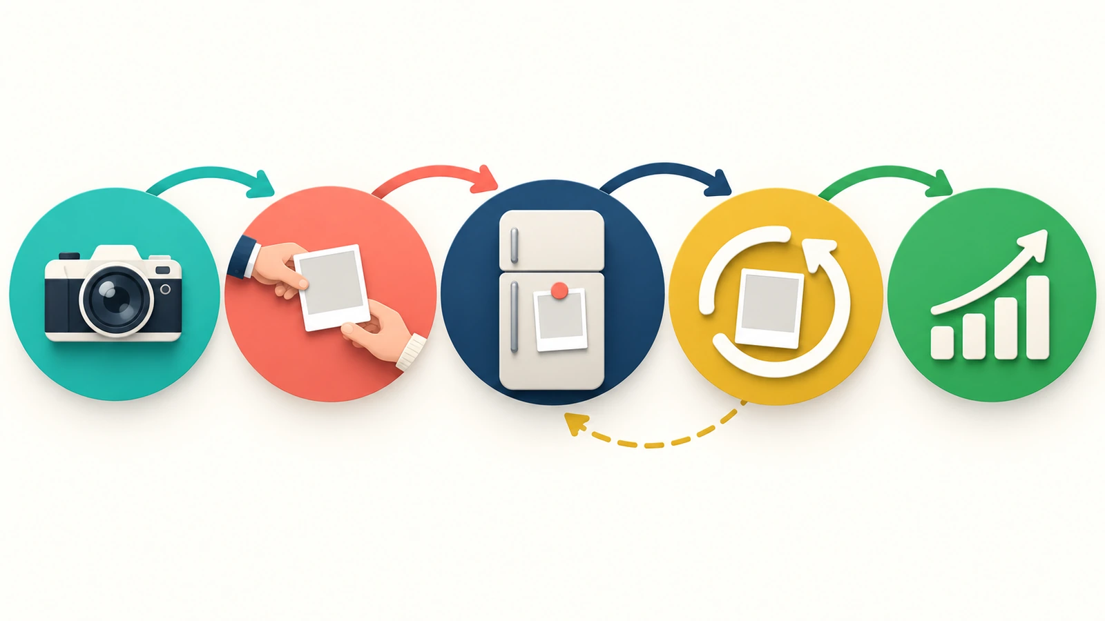 Text-free flow diagram of a keepsake campaign: camera, gift handoff, fridge display, refill loop and measurement shown as colored icons linked by arrows
