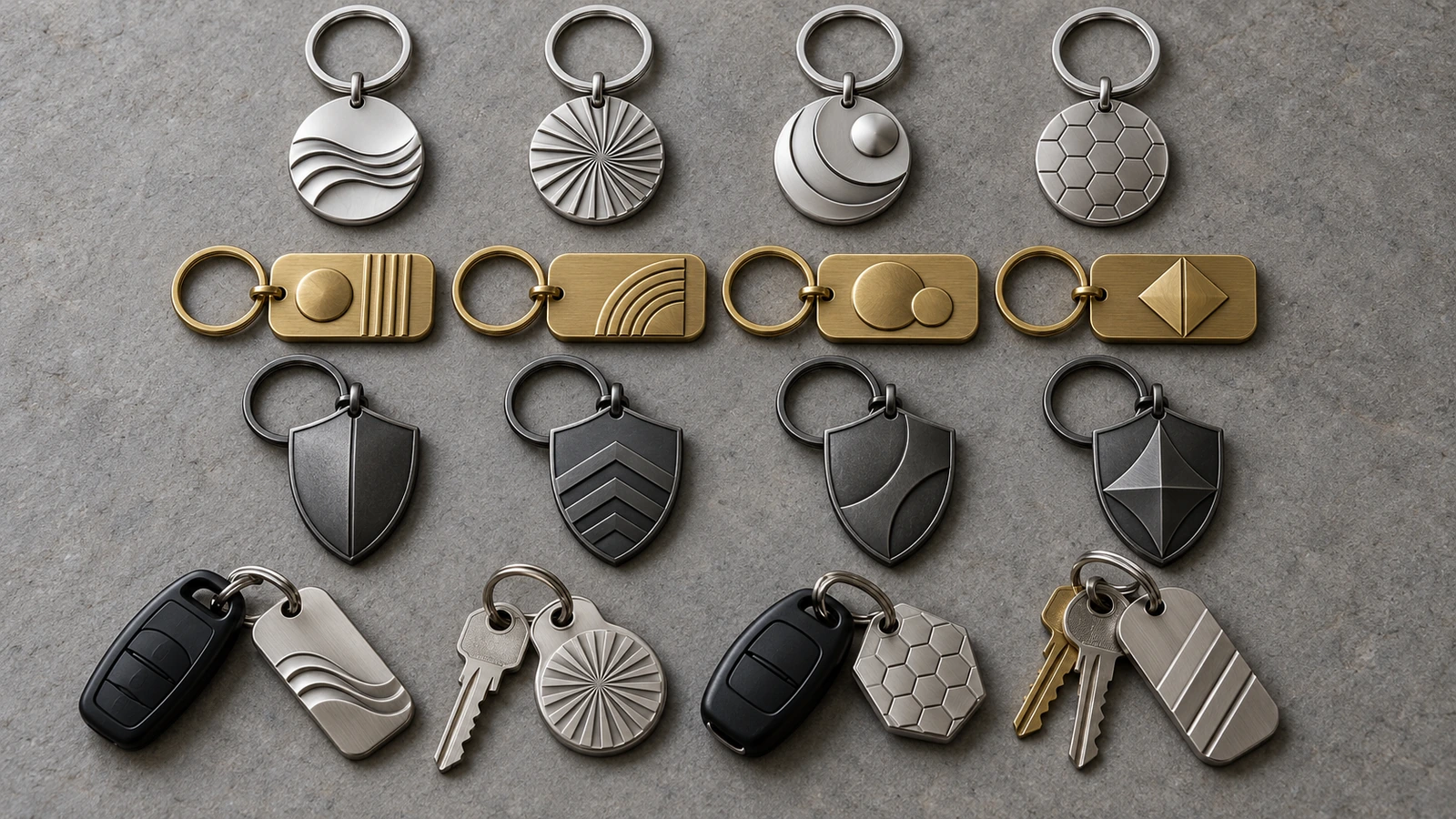 Four groups of metal keychains arranged in separate rows on a neutral surface, each row with a distinct shape and finish to suggest a different audience tier