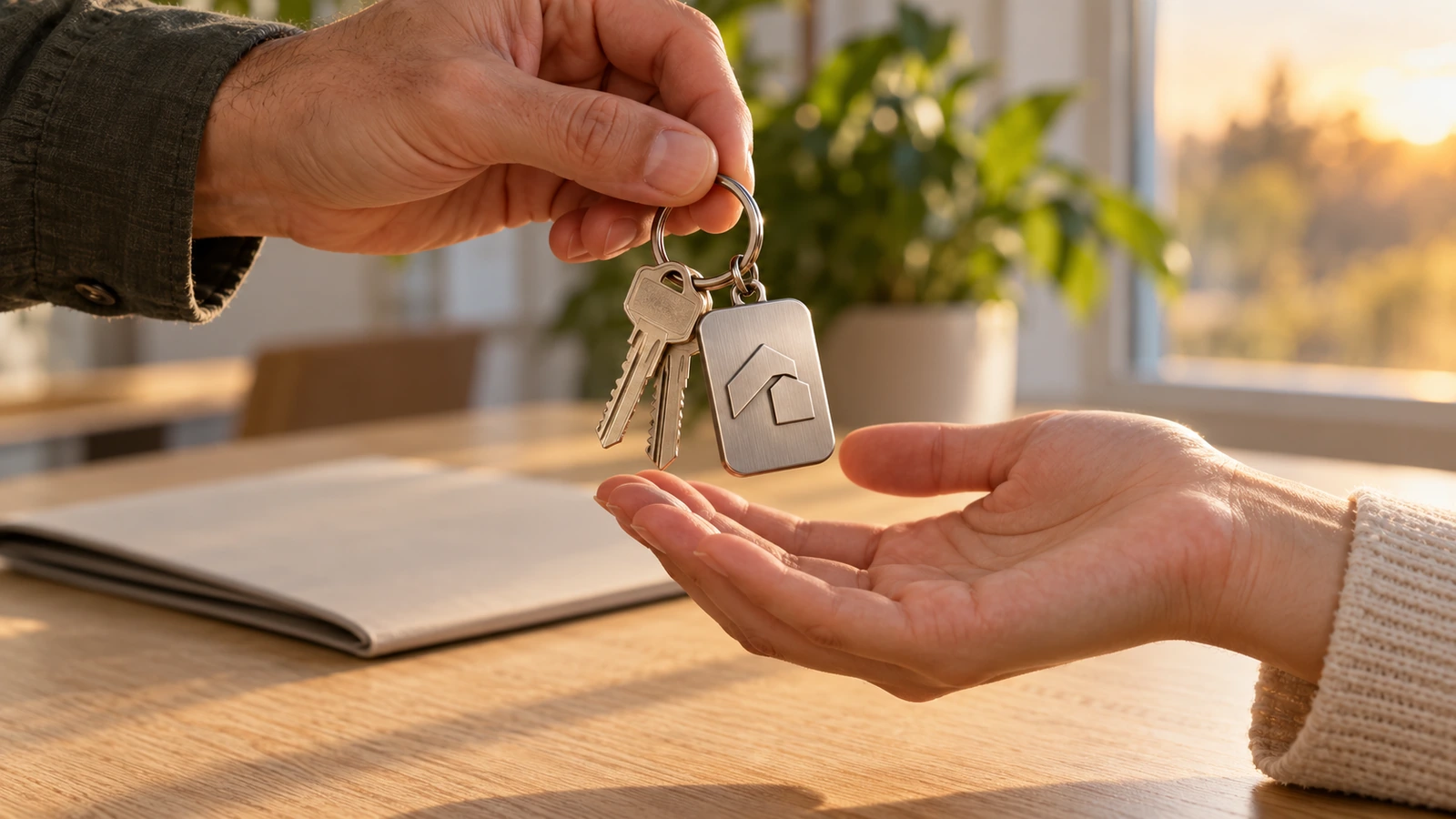 Close-up of two hands passing a set of house keys with a plain stamped metal keychain across a wooden table