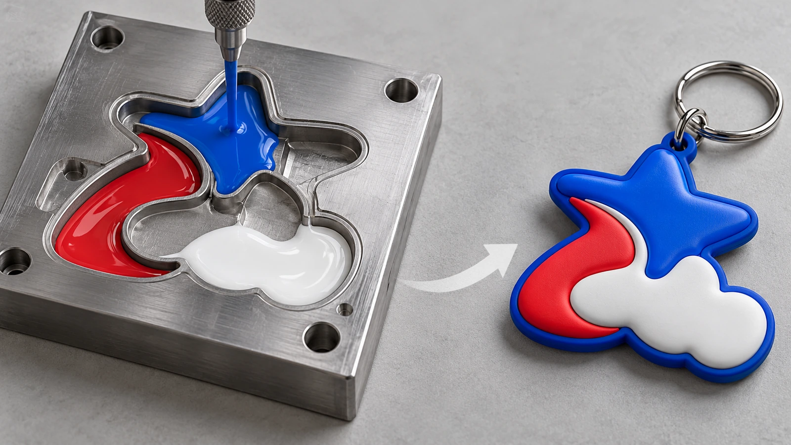 Machined metal keychain mold plate with recessed color cells beside the finished soft PVC keychain it produces