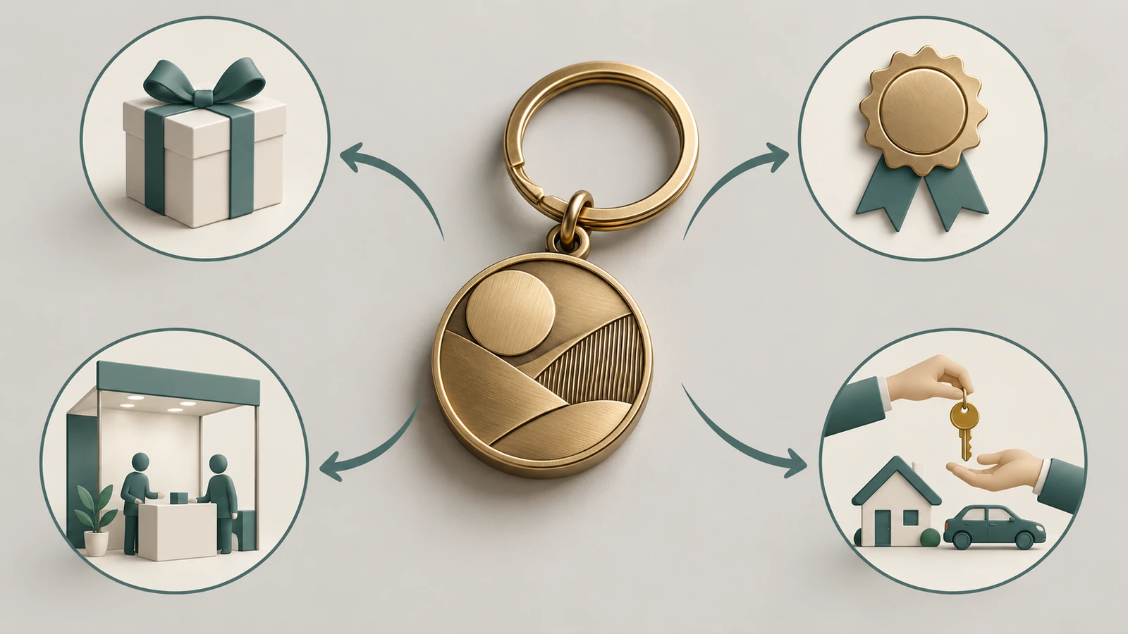 Diagram showing one central brand keychain connected by arrows to four business occasions: client onboarding, employee milestones, trade shows, and vehicle or property handovers