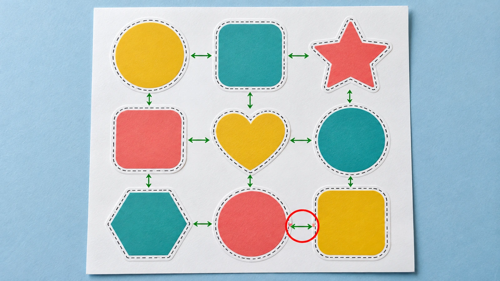 Top-down view of a sticker sheet with evenly spaced kiss-cut shapes and arrows marking equal gaps, plus one pair placed too close highlighted in red