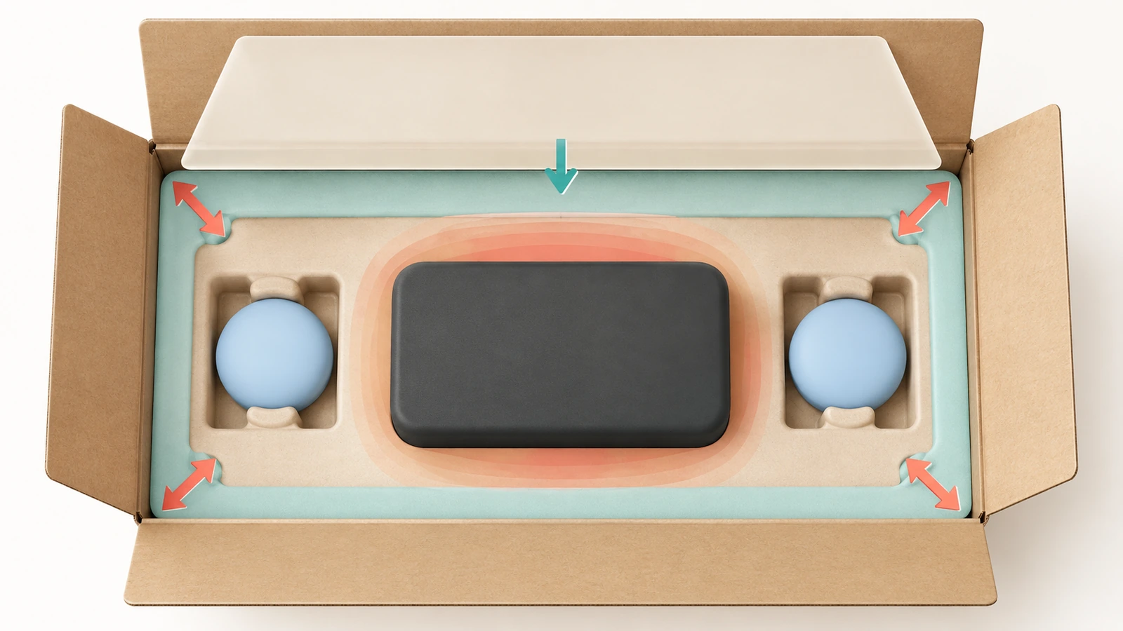 Top-down layout diagram of a kit inside a mailer, with the heaviest item centered, fragile items held away from the walls, and a flat card layer resting above everything