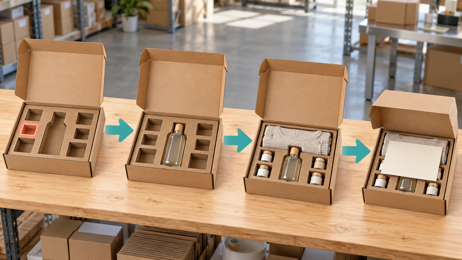 Packing line sequence showing an open mailer moving left to right as the anchor item, mid-layer items, and a flat card layer are added in order