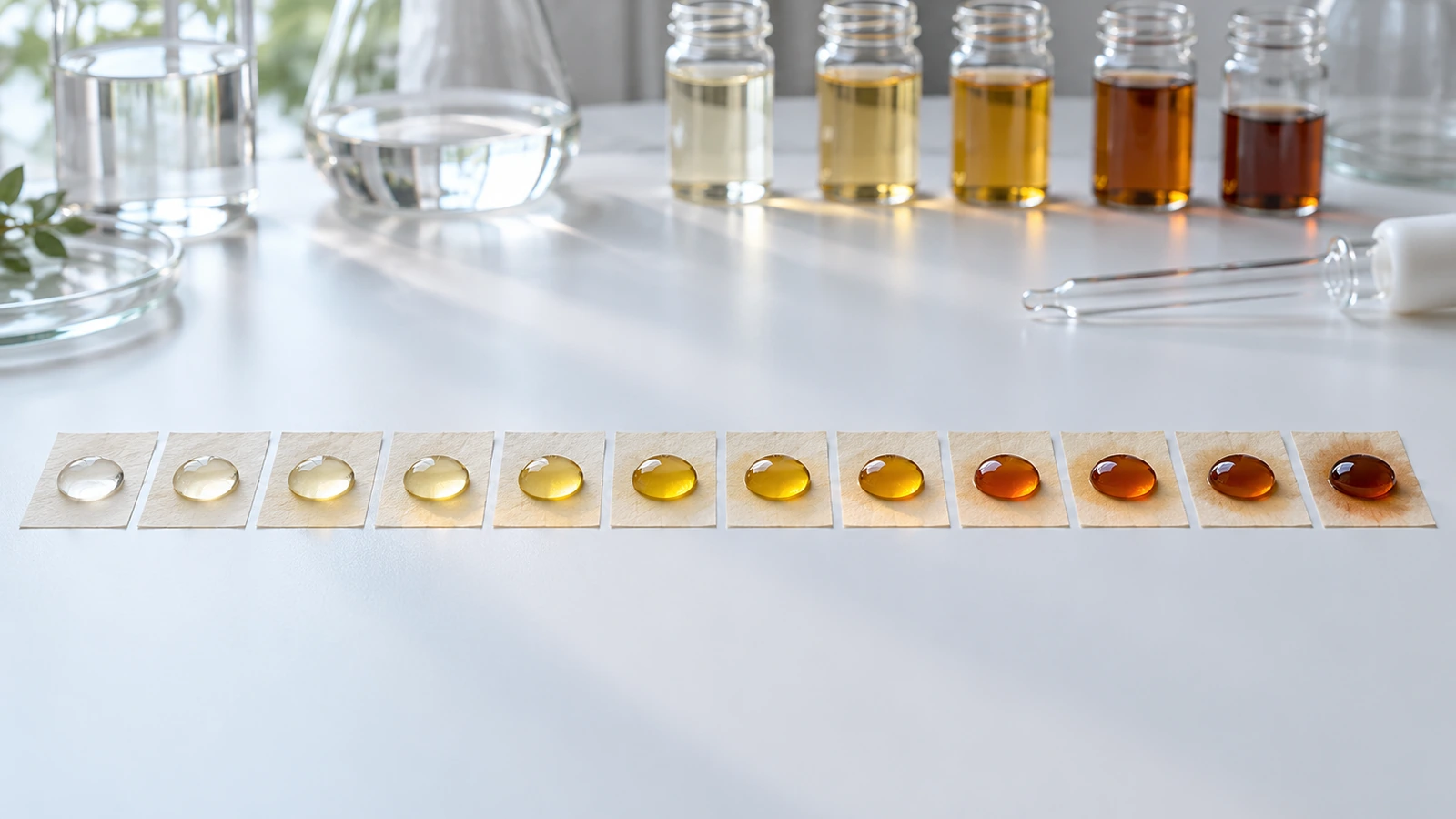 Laboratory bench with a row of paper swatches, each holding a droplet of progressively darker test liquid, illustrating the graded Kit test for grease resistance