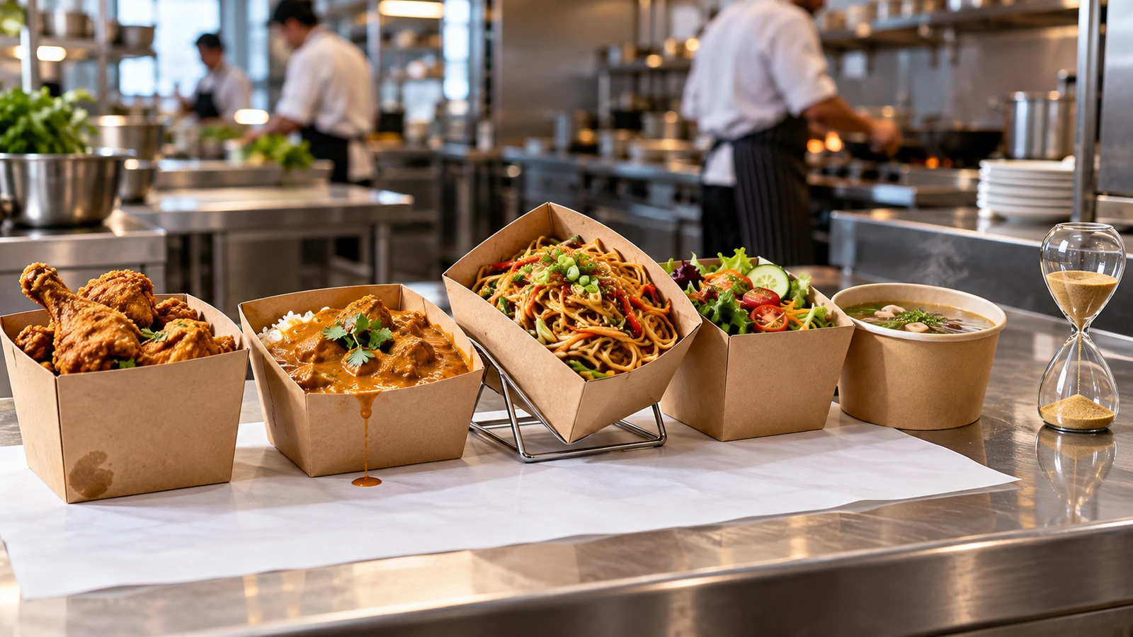 Kitchen trial setup with filled takeout containers in a row on a steel prep counter, one tilted on a stand to stress the lid seam, an hourglass nearby and a small oil mark on one container base