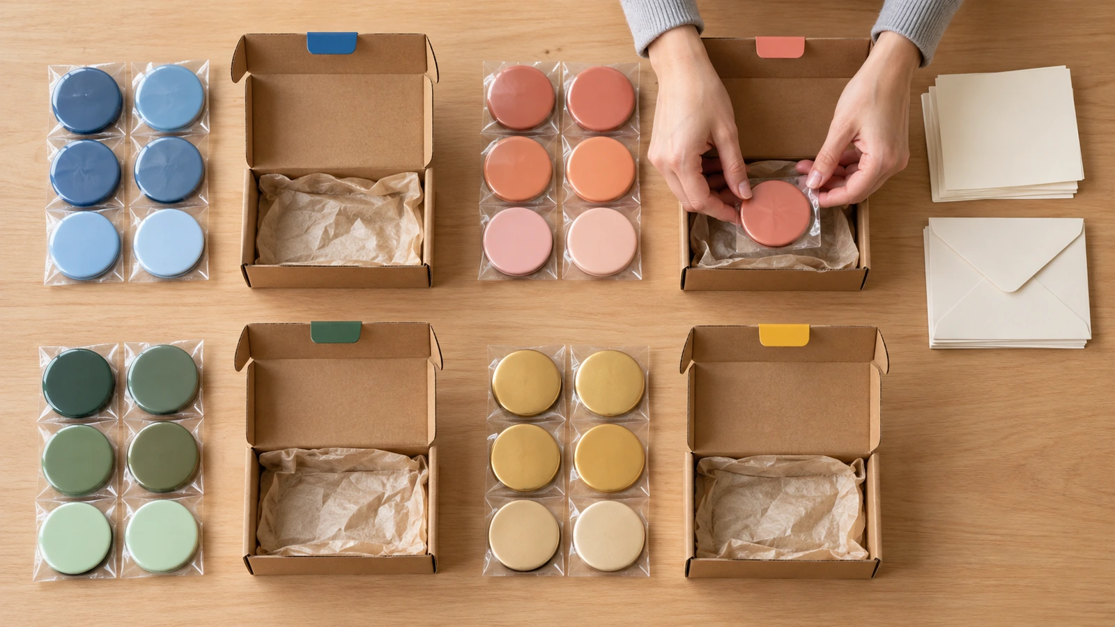 Packing table with tin fridge magnets sorted into color-coded stacks and boxes for different recipients and destinations