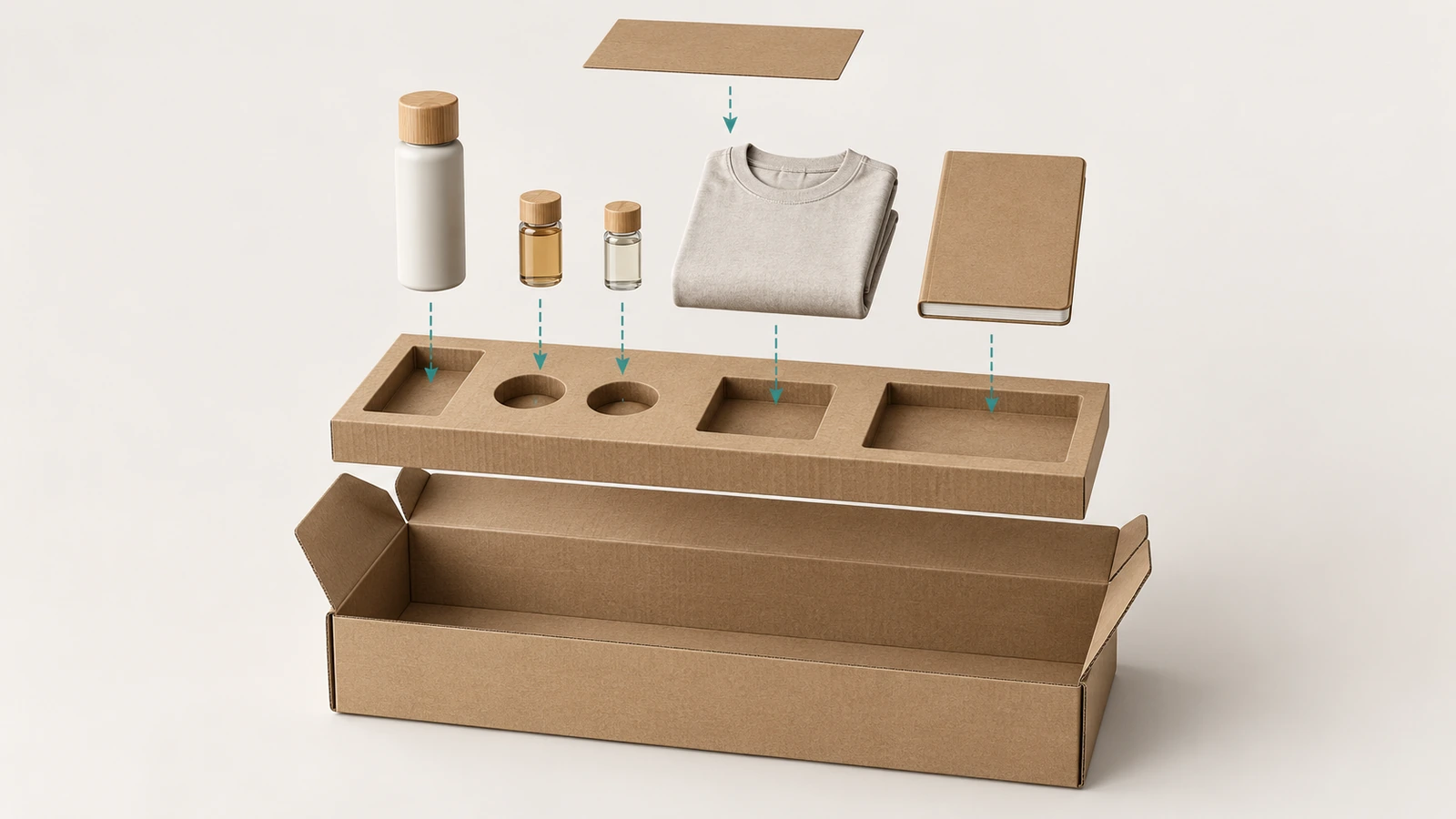 Exploded view of a kitting mailer showing the outer roll-end tuck-top shell, a die-cut corrugated insert with several cavities, and kit components floating above their assigned slots