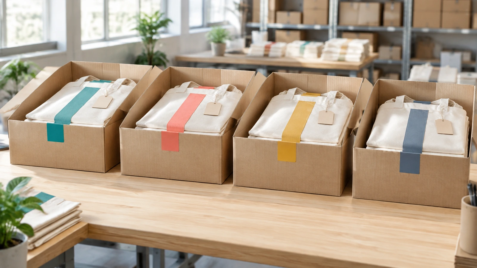 Packed tote bags sorted into a sequence of cartons with colored tabs matching each distribution group