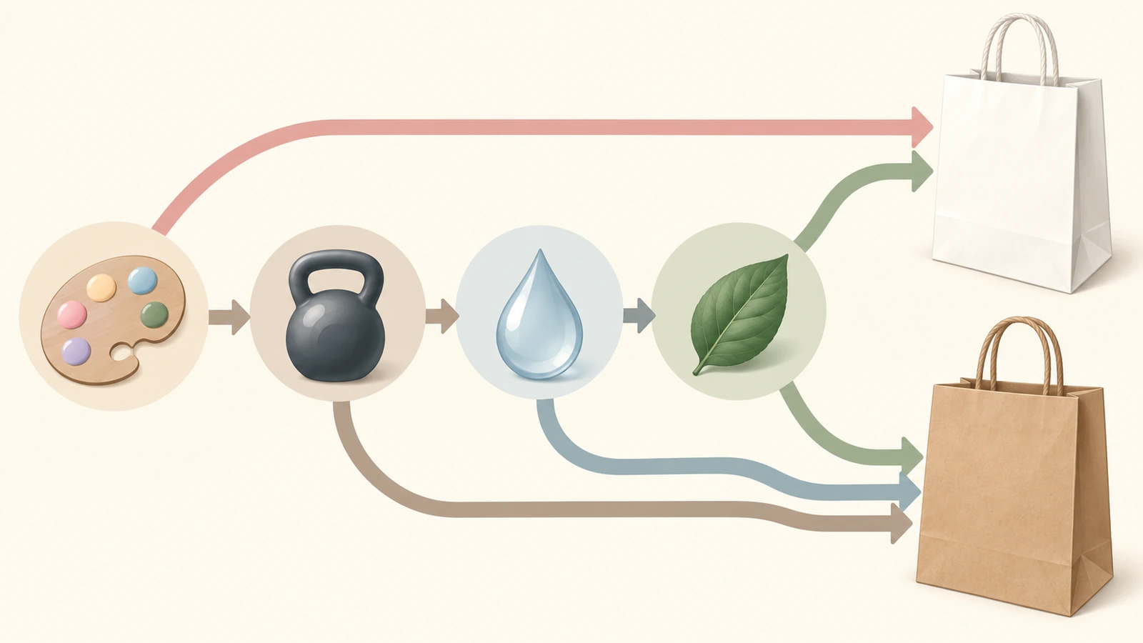 Decision flow illustration using simple shapes and arrows: a palette icon, a weight icon, a water drop and a leaf lead along branching paths to either a white kraft bag or a brown kraft bag