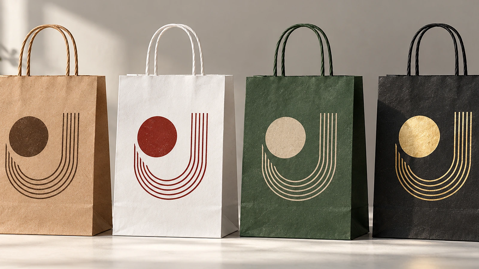 Row of natural brown, white, colored and black kraft paper bags with twisted handles