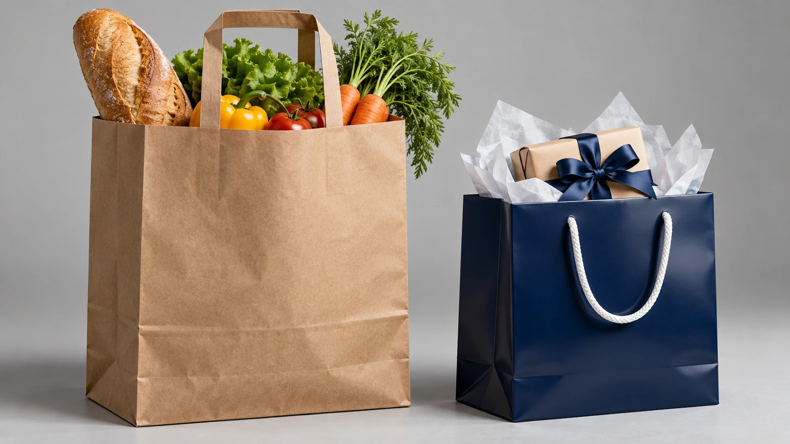 Brown kraft grocery bag with flat handles beside a glossy dark laminated art-paper gift bag with rope handles, both with blank surfaces