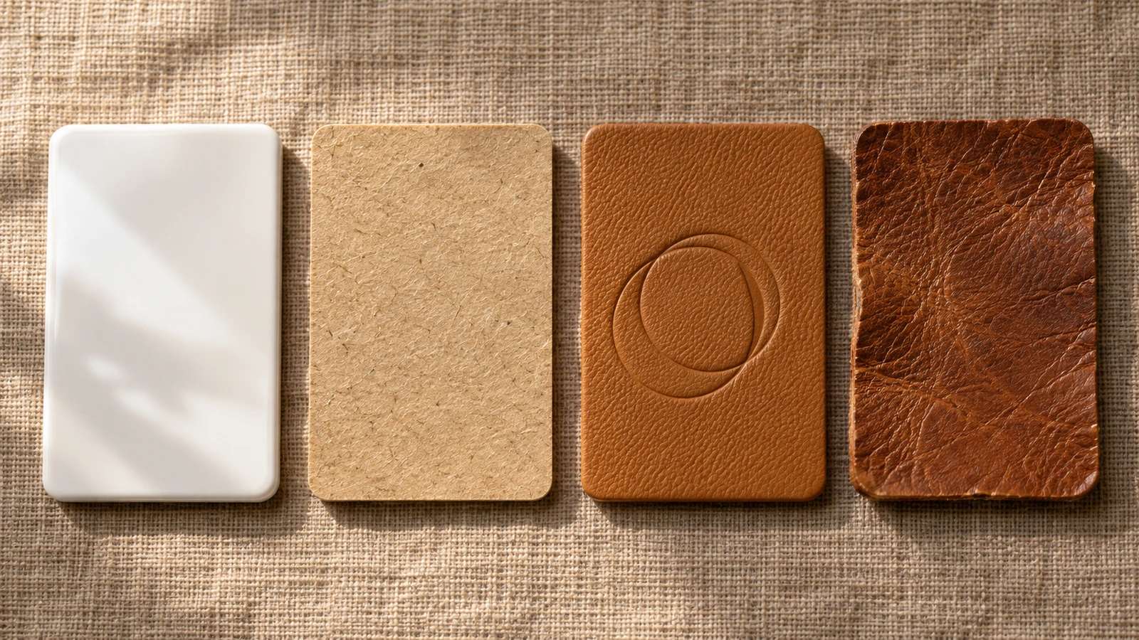 Close-up flat lay comparing glossy vinyl, matte paper, embossed imitation leather and natural leather label materials side by side