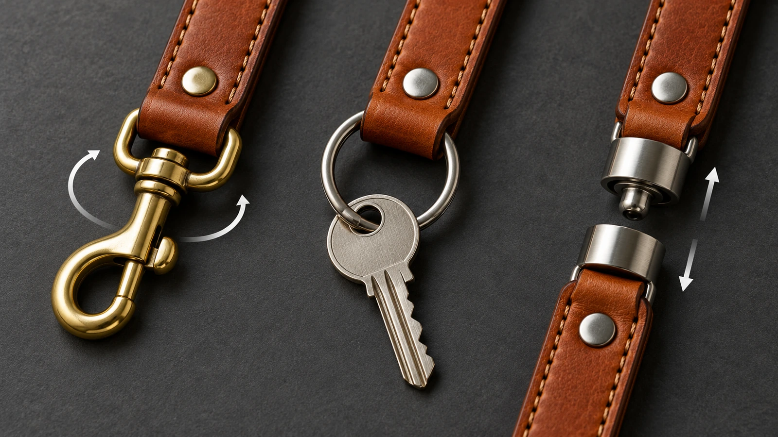 Close-up of leather lanyard keyring hardware options: a swivel snap clip, a closed split ring and a breakaway connector, each attached to a brown leather strap end