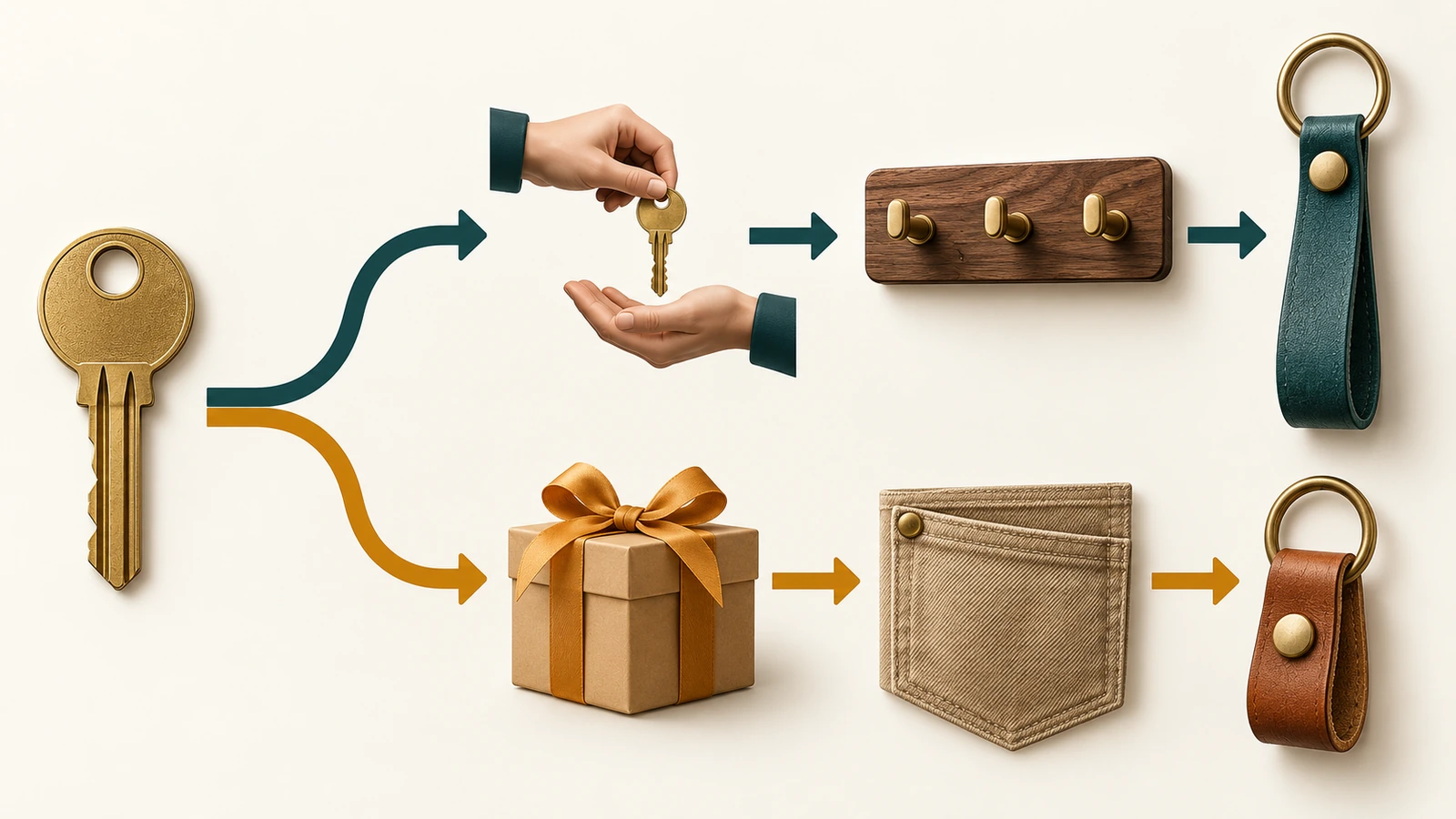 Decision flow diagram using icons and arrows: a key icon branches toward a body-worn strap path for shared working keys and toward a pocket fob path for one-time gift handovers