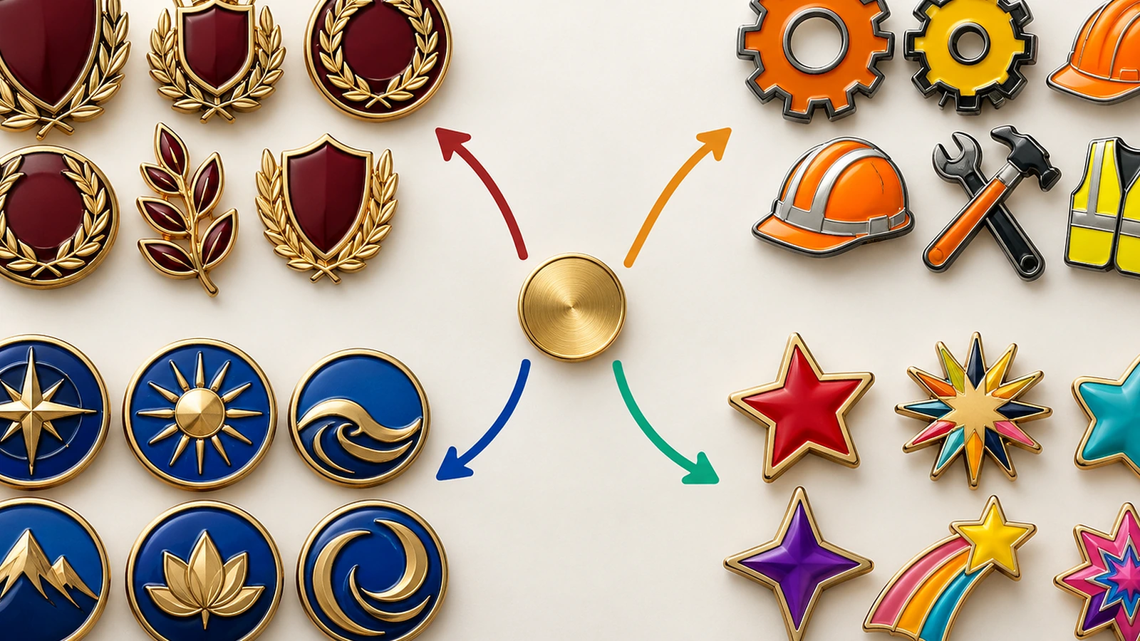 Four groups of blank lapel pins representing recognition, safety, membership, and event programs arranged around a central planning point