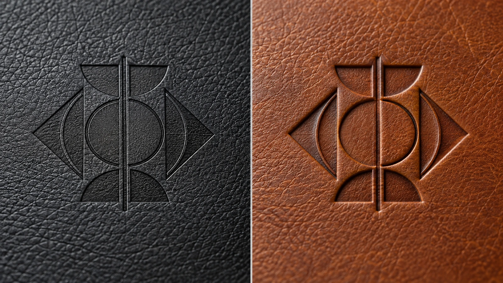 Side-by-side close-up comparing a laser-engraved mark and a debossed mark on PU leather journal covers