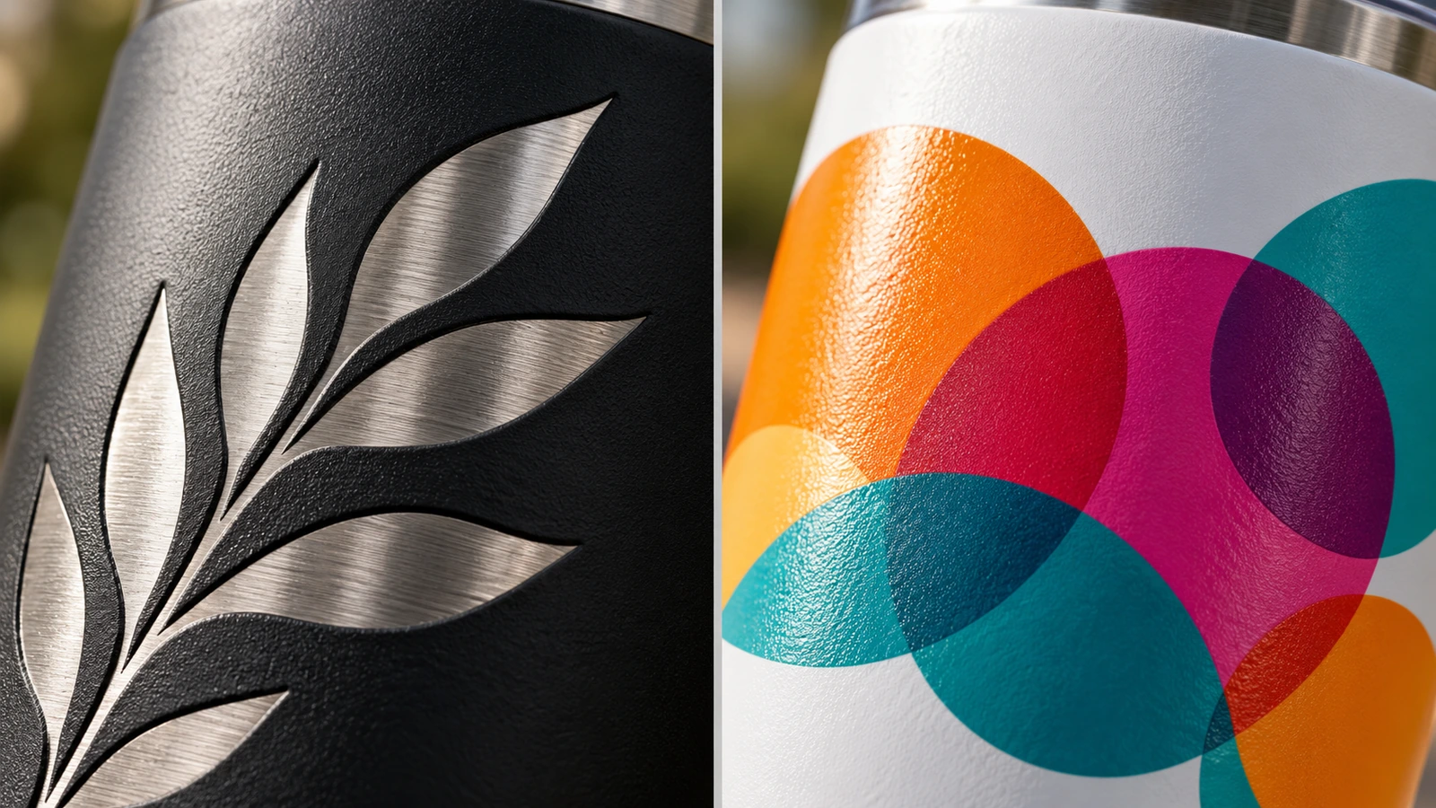 Side-by-side close-up of a laser-engraved tumbler showing bright bare steel beneath dark coating and a UV-printed tumbler showing a full-color abstract pattern